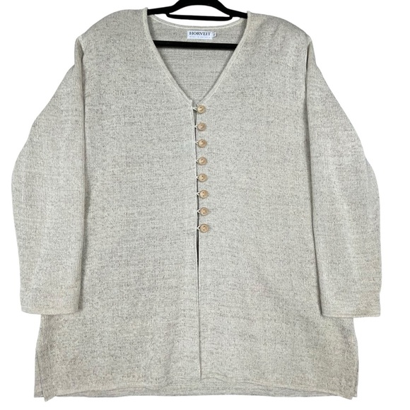 Horveit Beige Cotton Linen Knit 3/4 Button Up Coastal Grandma Tunic Sweater  3XL - Picture 1 of 15